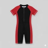 Unisex One Piece Swimsuit with Front Zip Closure | Half Sleeve Athletic Swimwear with Knee Length Fit | Comfortable Pool and Beach Swimming Costume for Kids