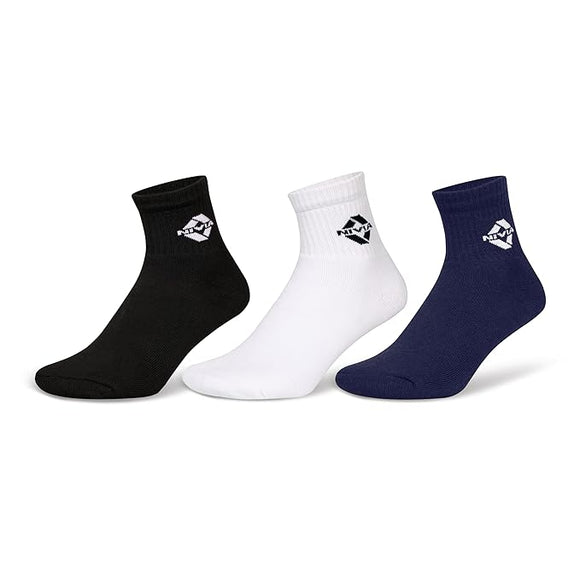 Three pairs of socks in black, white, and navy on a white background