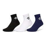 Three pairs of socks in black, white, and navy on a white background