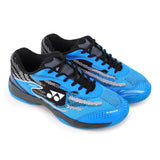 YONEX v 200-i Badminton Shoes online at lowest price only on sppartos.com.Blue athletic shoes with black accents on a white background