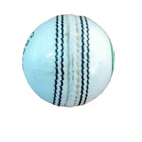 Light blue cricket ball with black and beige seam pattern on a white background